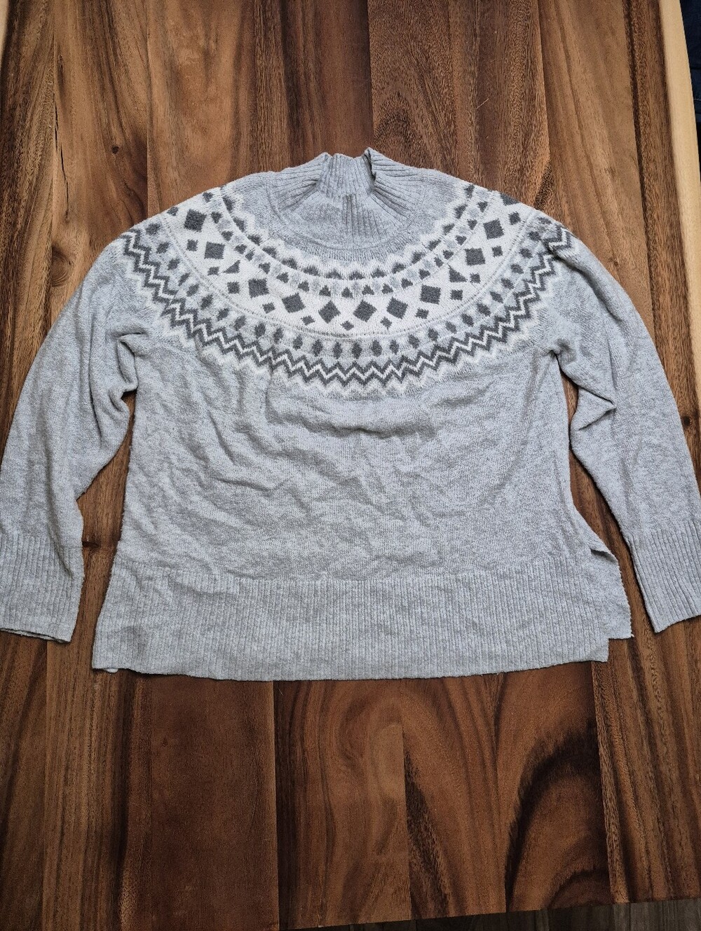 Tahari Gray Fair Isles Funnel neck Winter Sweater Top
